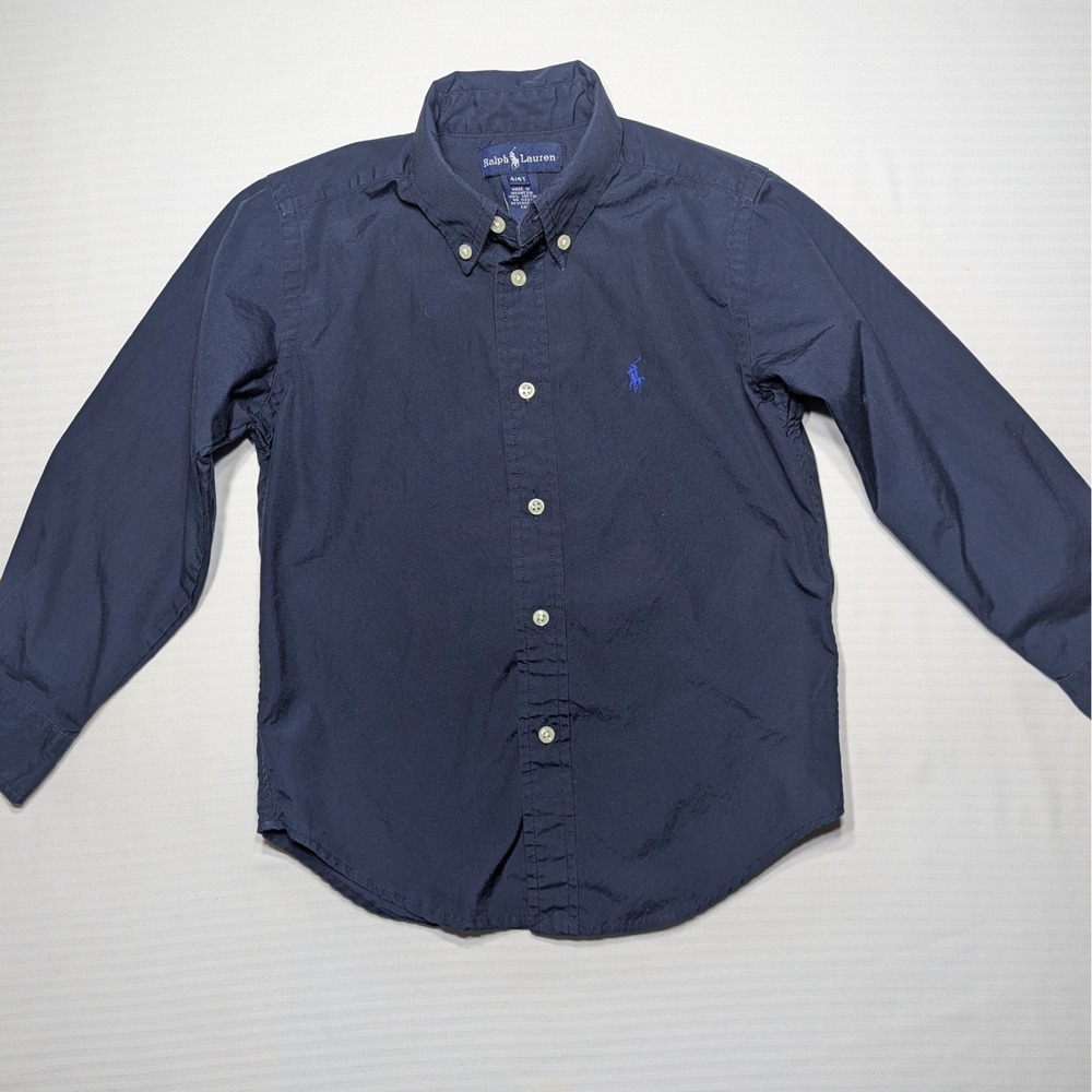 Ralph Lauren Toddler Boys 4T Navy Blue Button Down Shirt 100% Cotton Poplin Pony